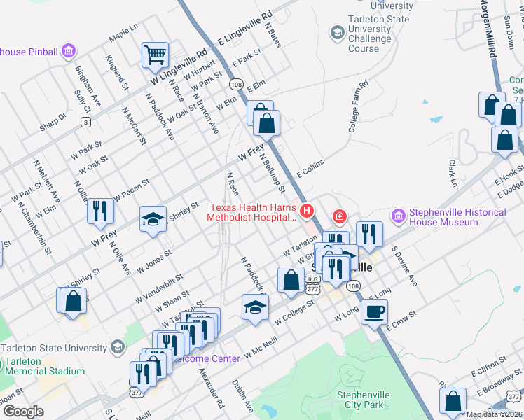 map of restaurants, bars, coffee shops, grocery stores, and more near 570 North Columbia in Stephenville