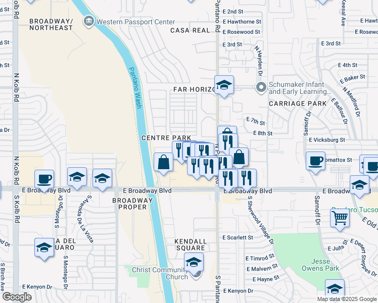 map of restaurants, bars, coffee shops, grocery stores, and more near 199 North Pantano Road in Tucson