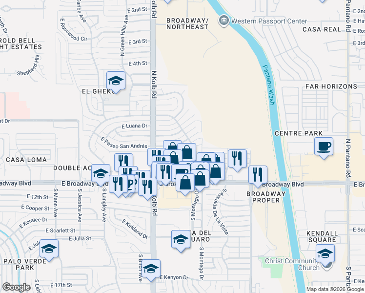 map of restaurants, bars, coffee shops, grocery stores, and more near 7225 East Broadway Boulevard in Tucson