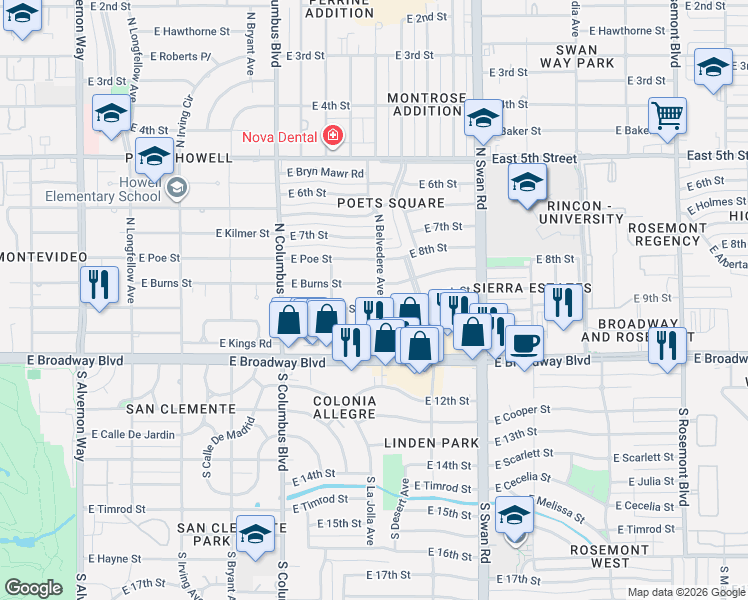 map of restaurants, bars, coffee shops, grocery stores, and more near 4502 East 9th Street in Tucson