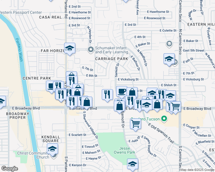 map of restaurants, bars, coffee shops, grocery stores, and more near 250 North Maguire Avenue in Tucson