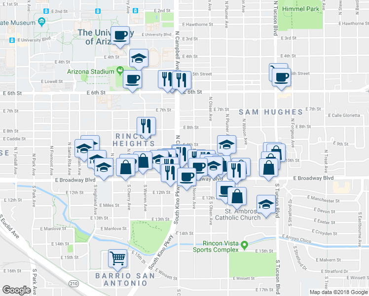 map of restaurants, bars, coffee shops, grocery stores, and more near 1916 East 9th Street in Tucson