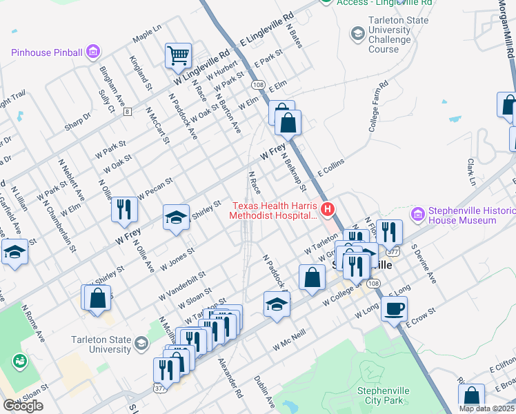 map of restaurants, bars, coffee shops, grocery stores, and more near 634 North Race in Stephenville
