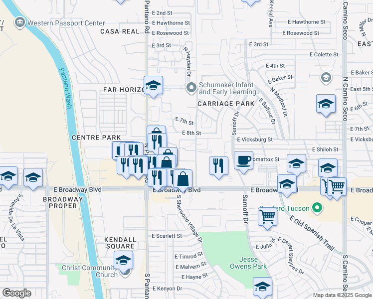map of restaurants, bars, coffee shops, grocery stores, and more near 207 North Maguire Avenue in Tucson