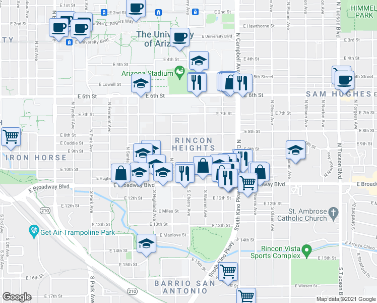 map of restaurants, bars, coffee shops, grocery stores, and more near N Cherry Ave & E 9th St in Tucson