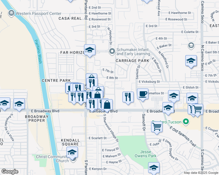 map of restaurants, bars, coffee shops, grocery stores, and more near 207 North Maguire Avenue in Tucson
