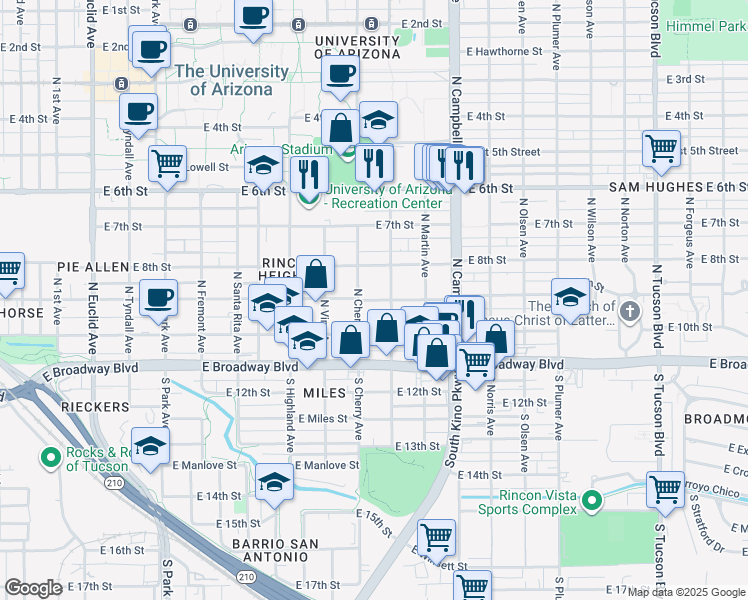 map of restaurants, bars, coffee shops, grocery stores, and more near 1612 East 8th Street in Tucson