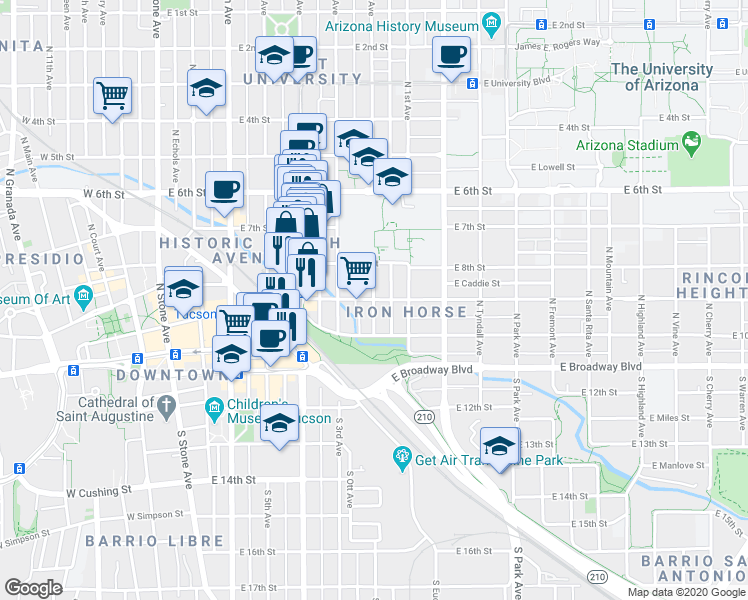 map of restaurants, bars, coffee shops, grocery stores, and more near E 9th St & N 2nd Ave in Tucson