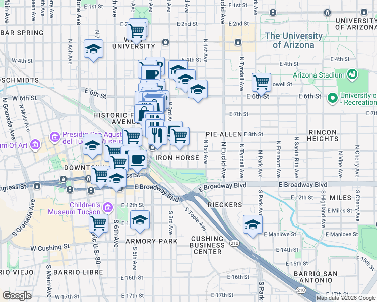 map of restaurants, bars, coffee shops, grocery stores, and more near 599 East 9th Street in Tucson