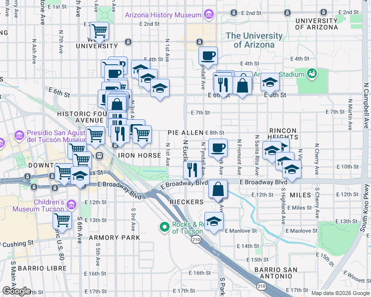 map of restaurants, bars, coffee shops, grocery stores, and more near N Euclid Ave & E 9th St in Tucson
