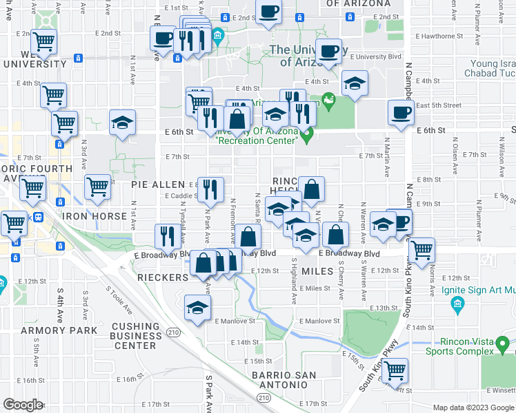 map of restaurants, bars, coffee shops, grocery stores, and more near E 9th St & N Santa Rita Ave in Tucson