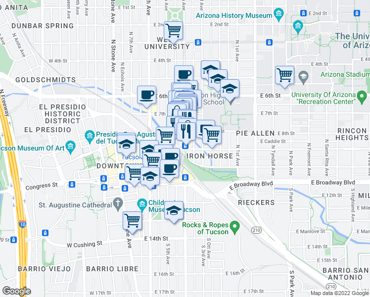 map of restaurants, bars, coffee shops, grocery stores, and more near E 9th St & N 4th Ave in Tucson