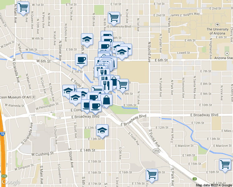 map of restaurants, bars, coffee shops, grocery stores, and more near 200 N 3rd Ave in Tucson