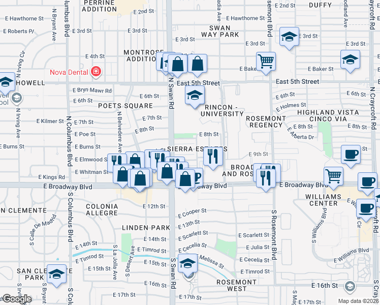 map of restaurants, bars, coffee shops, grocery stores, and more near 4764 East Burns Street in Tucson