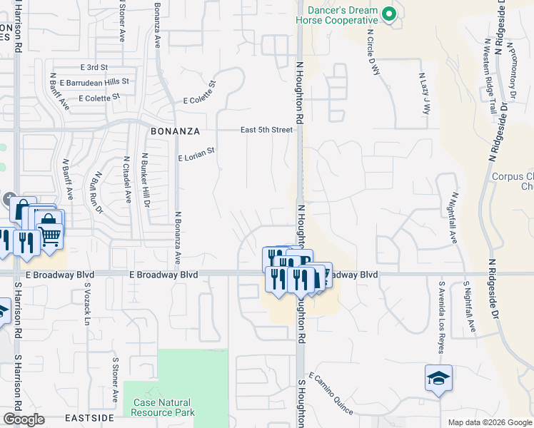 map of restaurants, bars, coffee shops, grocery stores, and more near 243 Redcoat Lane in Tucson