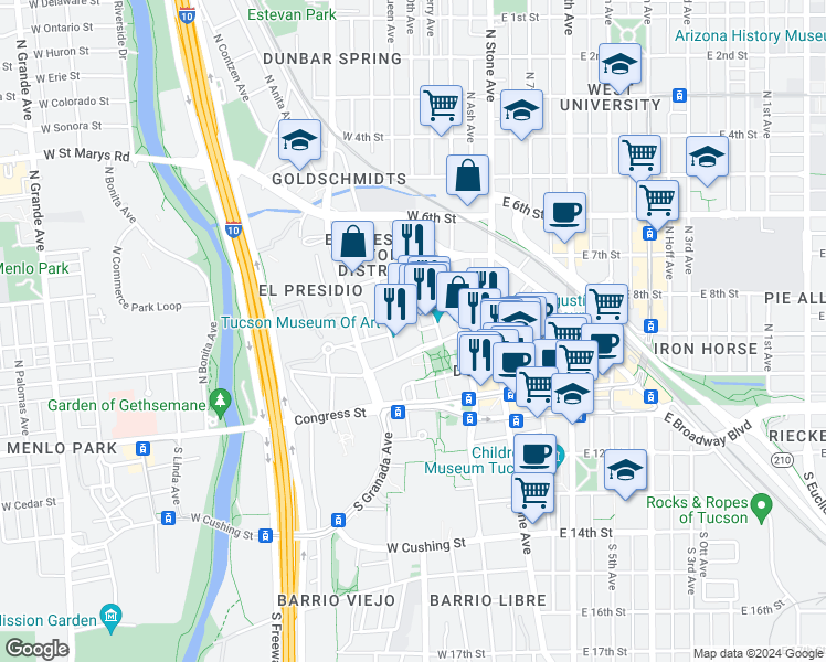 map of restaurants, bars, coffee shops, grocery stores, and more near 173 North Meyer Avenue in Tucson
