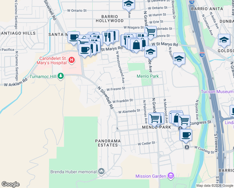 map of restaurants, bars, coffee shops, grocery stores, and more near in Tucson