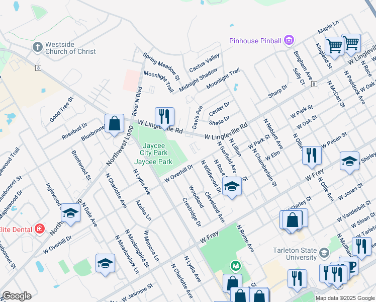 map of restaurants, bars, coffee shops, grocery stores, and more near 1660 West Lingleville Road in Stephenville