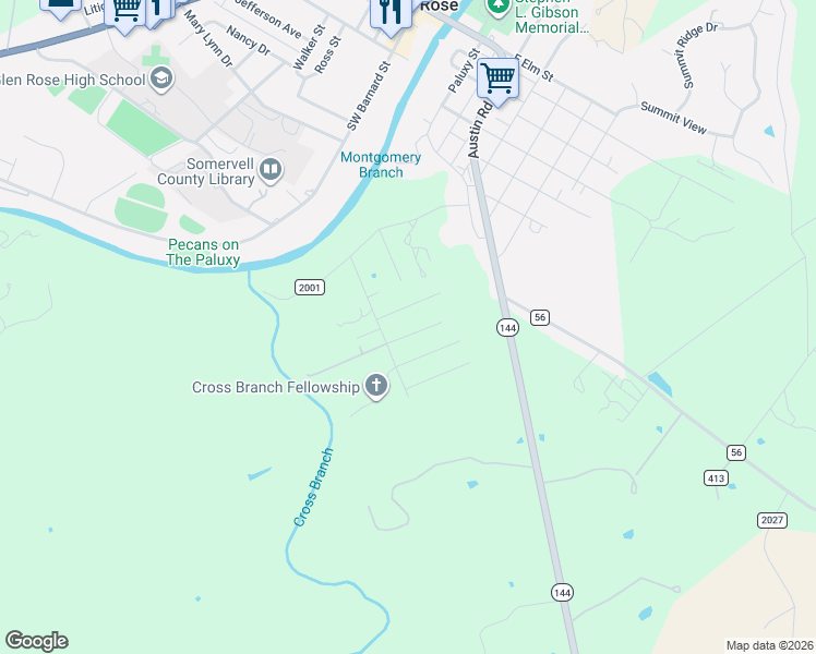 map of restaurants, bars, coffee shops, grocery stores, and more near 1045 Ivy Drive in Glen Rose