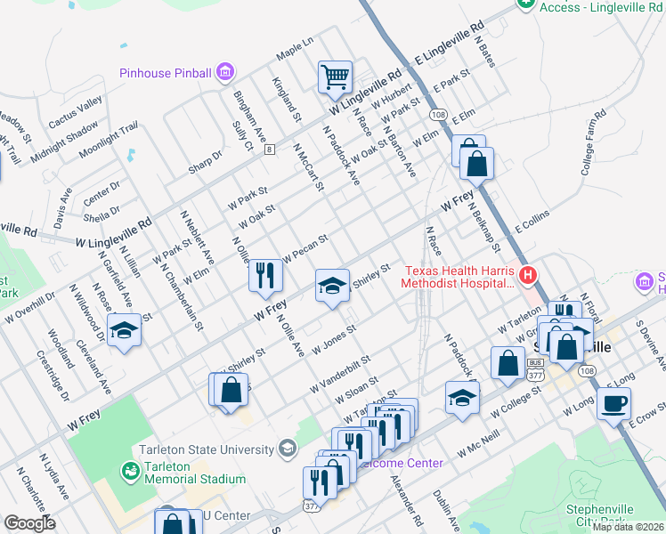 map of restaurants, bars, coffee shops, grocery stores, and more near 970 North Stephen Avenue in Stephenville