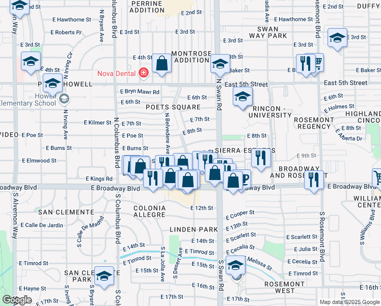 map of restaurants, bars, coffee shops, grocery stores, and more near 4544 East Burns Street in Tucson
