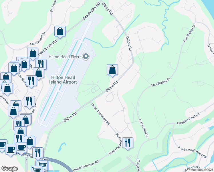 map of restaurants, bars, coffee shops, grocery stores, and more near 105 Dillon Road in Hilton Head Island