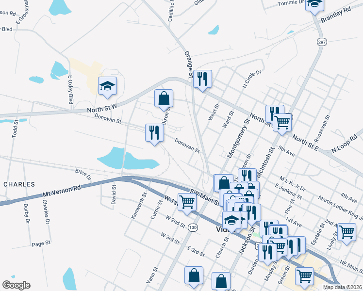 map of restaurants, bars, coffee shops, grocery stores, and more near 506 Donovan Street in Vidalia