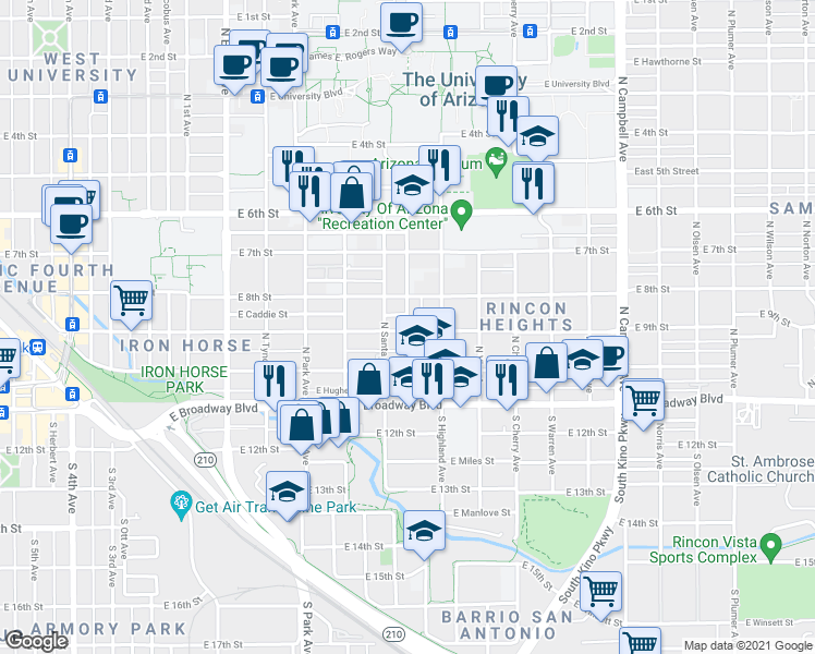 map of restaurants, bars, coffee shops, grocery stores, and more near 206 N Mountain Ave in Tucson