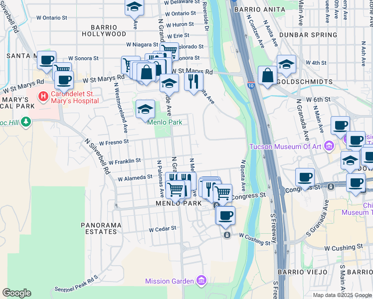map of restaurants, bars, coffee shops, grocery stores, and more near 217 North Melwood Avenue in Tucson