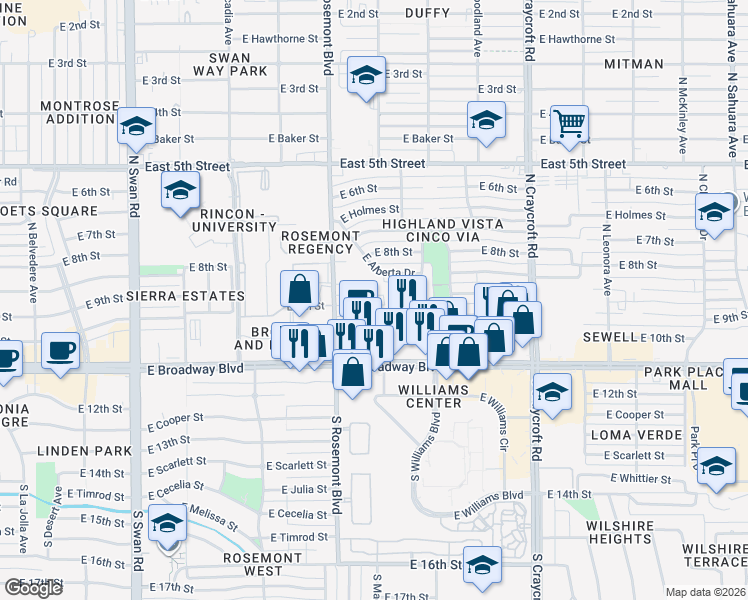 map of restaurants, bars, coffee shops, grocery stores, and more near 5204 East Alberta Drive in Tucson