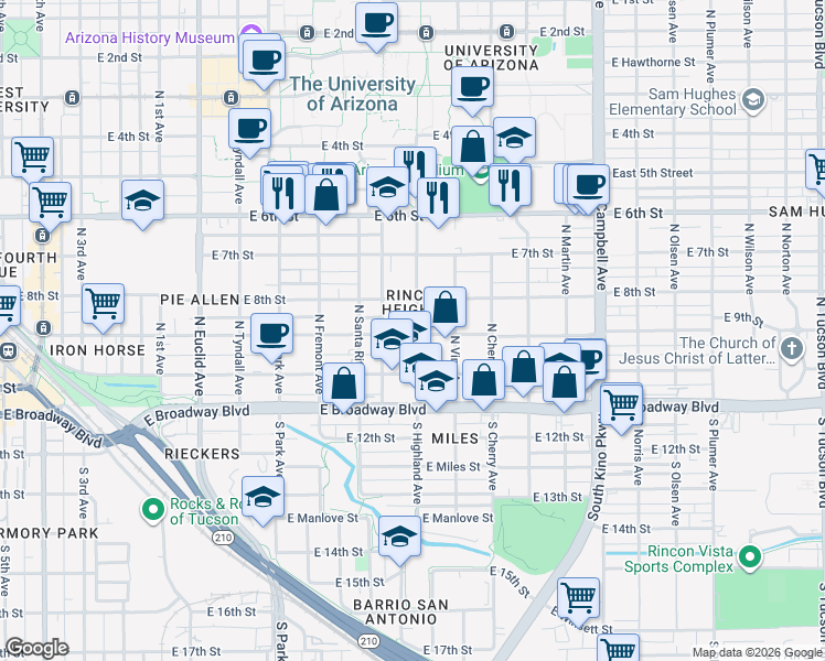 map of restaurants, bars, coffee shops, grocery stores, and more near in Tucson