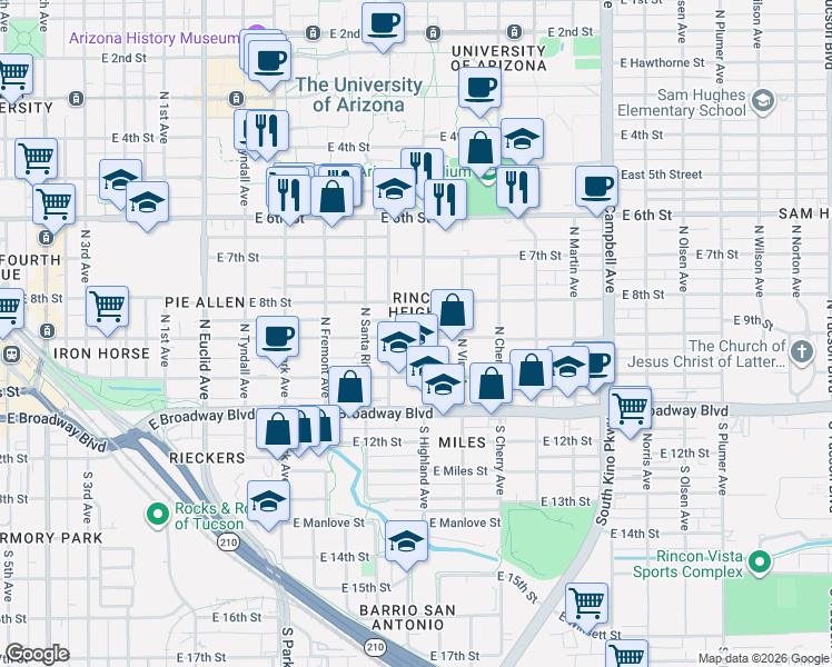 map of restaurants, bars, coffee shops, grocery stores, and more near 1312 East 8th Street in Tucson