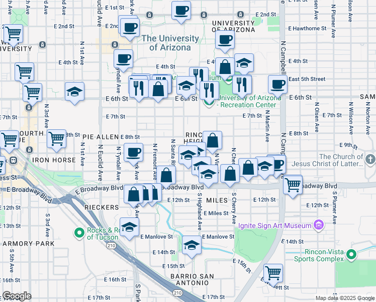 map of restaurants, bars, coffee shops, grocery stores, and more near 1312 East 8th Street in Tucson