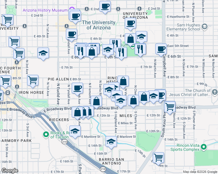 map of restaurants, bars, coffee shops, grocery stores, and more near 1312 East 8th Street in Tucson