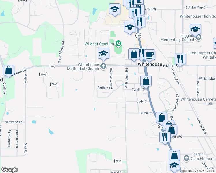 map of restaurants, bars, coffee shops, grocery stores, and more near 408 Redbud Circle in Whitehouse