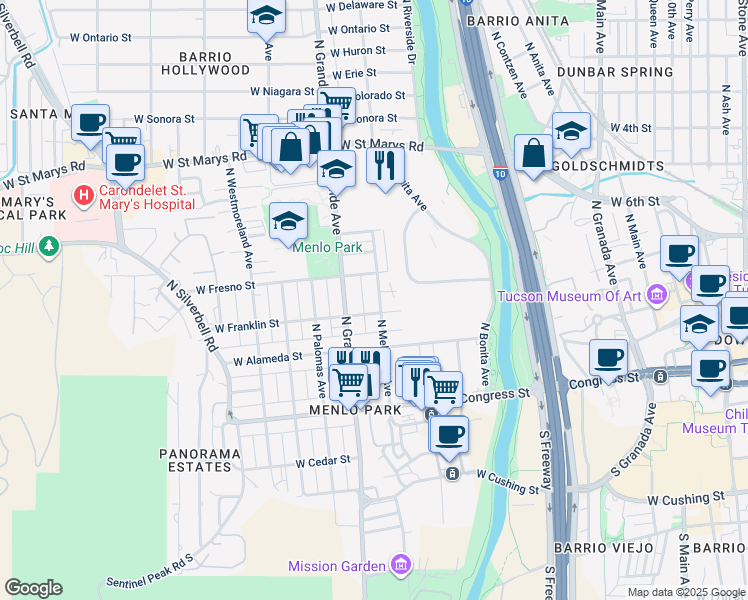 map of restaurants, bars, coffee shops, grocery stores, and more near 217 North Melwood Avenue in Tucson