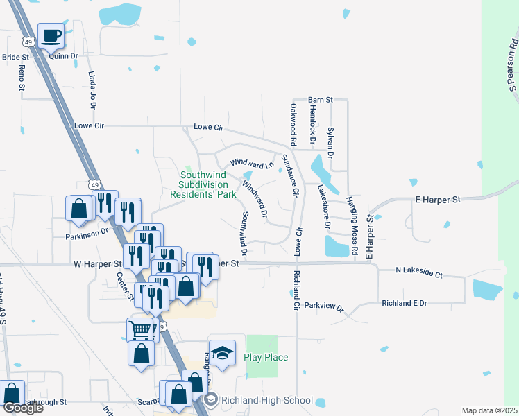 map of restaurants, bars, coffee shops, grocery stores, and more near 845 Windward Drive in Richland