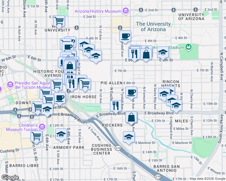 map of restaurants, bars, coffee shops, grocery stores, and more near in Tucson