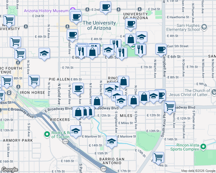 map of restaurants, bars, coffee shops, grocery stores, and more near 1305 East 9th Street in Tucson