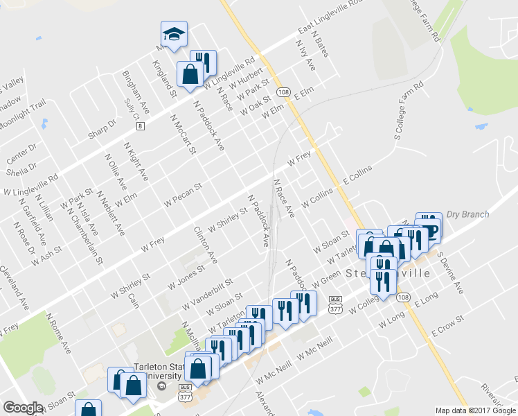 map of restaurants, bars, coffee shops, grocery stores, and more near 715 North Paddock Avenue in Stephenville