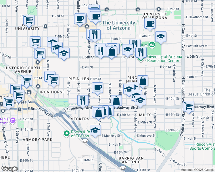 map of restaurants, bars, coffee shops, grocery stores, and more near 1050 East 8th Street in Tucson