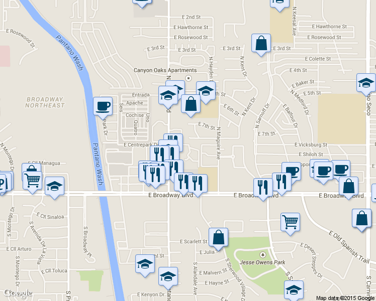 map of restaurants, bars, coffee shops, grocery stores, and more near 8042 East 8th Street in Tucson
