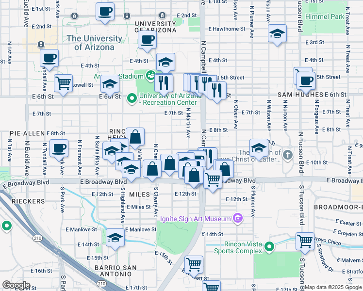 map of restaurants, bars, coffee shops, grocery stores, and more near 230 North Warren Avenue in Tucson