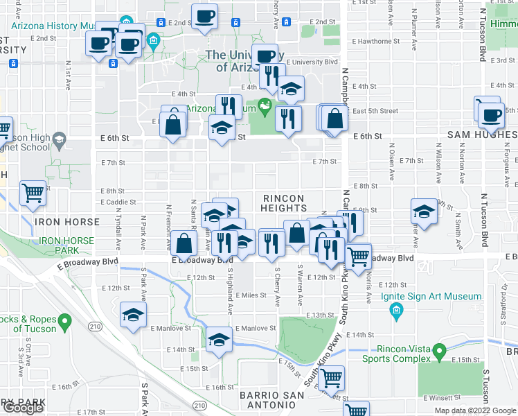 map of restaurants, bars, coffee shops, grocery stores, and more near 220 North Vine Avenue in Tucson