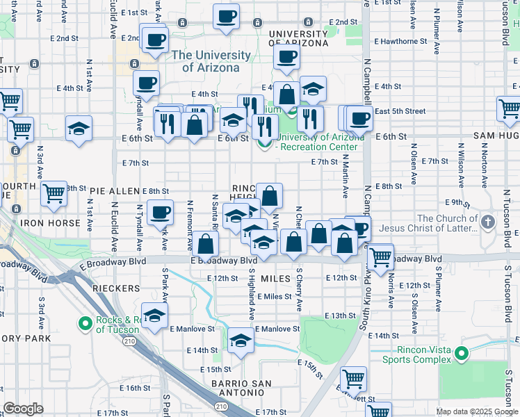 map of restaurants, bars, coffee shops, grocery stores, and more near in Tucson