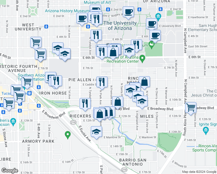 map of restaurants, bars, coffee shops, grocery stores, and more near 1050 East 8th Street in Tucson