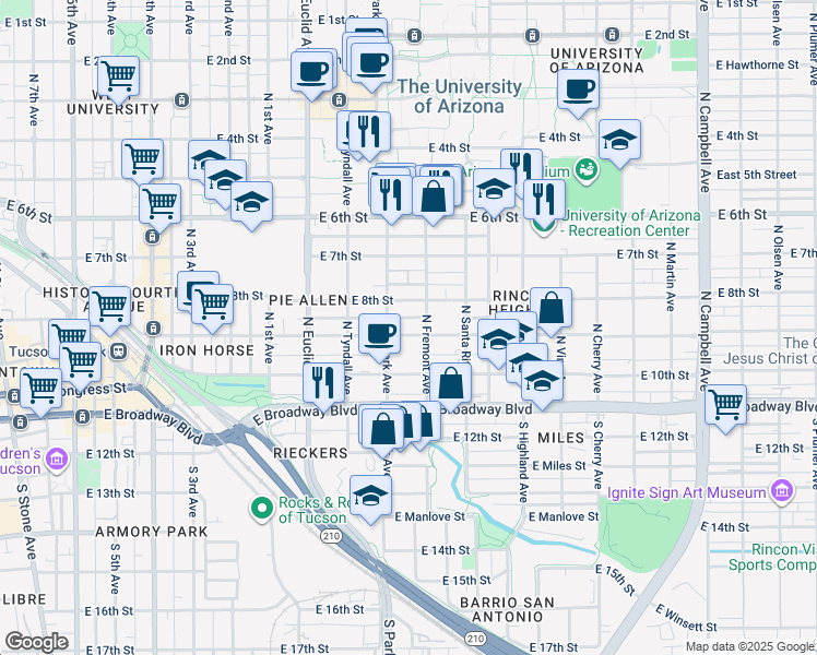 map of restaurants, bars, coffee shops, grocery stores, and more near 1050 East 8th Street in Tucson