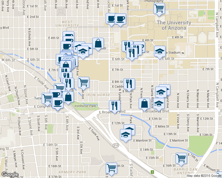 map of restaurants, bars, coffee shops, grocery stores, and more near 217 North Euclid Avenue in Tucson