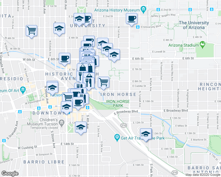 map of restaurants, bars, coffee shops, grocery stores, and more near 222 North 2nd Avenue in Tucson