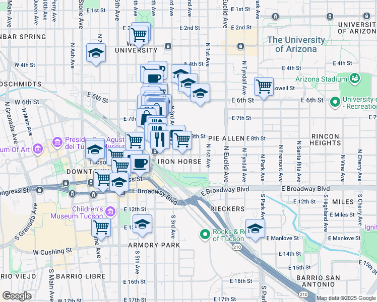 map of restaurants, bars, coffee shops, grocery stores, and more near 222 North 2nd Avenue in Tucson